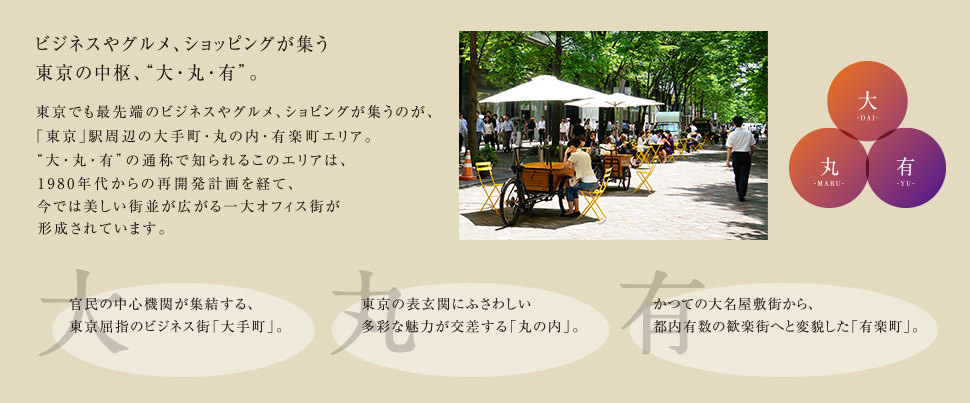 ビジネスやグルメ、ショッピングが集う東京の中枢、“大・丸・有”。